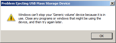 Windows can't stop your 'generic deivice' because it is in use. Close any programs or windows that might be using the device, and then try again