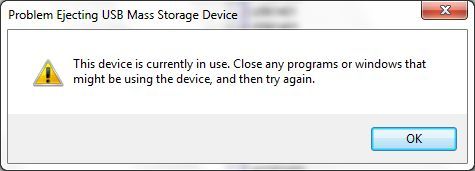 The device is currently in use. Close any programs or windows that might be using the device, and then try again