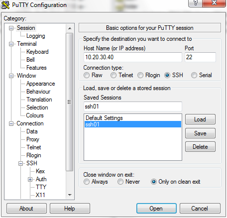 PuTTY session config