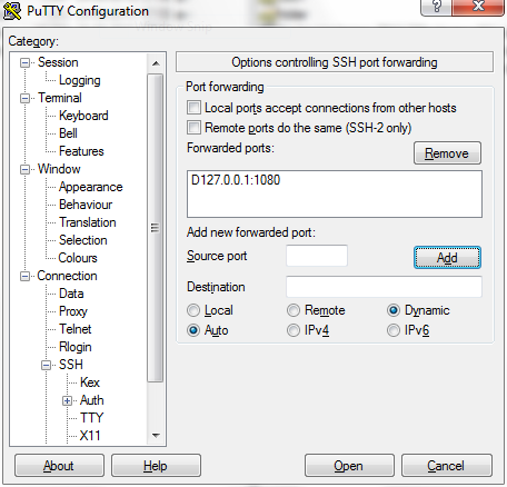 PuTTY ssh tunnel config